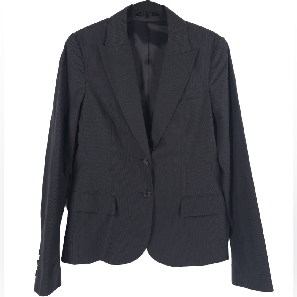 Theory PinStripe Suit Blazer Jacket Stretch Size 10 Cotton USA MADE 80474188 - Picture 3 of 15